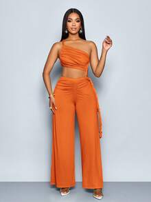 SOLERSUN 女士夏季性感纯色不对称领口褶皱修身镂空连体裤 - 橘色 - 查看 6