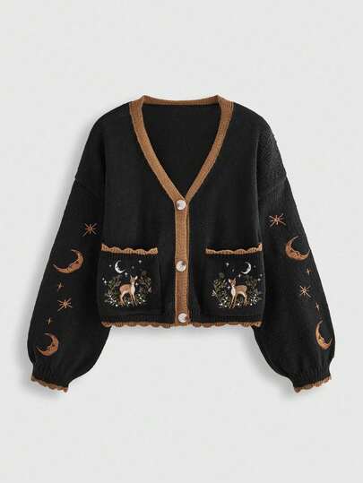 ROMWE Fairycore Plus Size Solid Color Patchwork Front Button Embroidered Deer Graphic Minimalist Jacket, For Winter