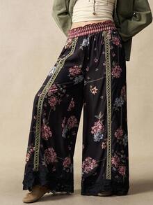 Bohemela Women's Casual Loose Fit Plaid Patchwork Wide Leg Pants - Black - View 3