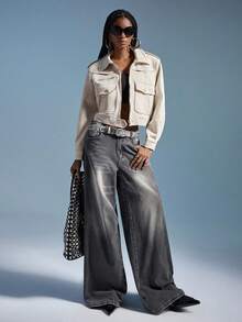 GENKIRA Áo khoác lông cừu da lộn màu trắng, nhiều túi, có cầu vai, phong cách quân đội, ngắn, cổ bẻ, thường ngày, đi làm, áo khoác nữ đa năng - Màu be - Xem 2