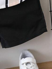 SHEIN Young Boy Color Block Striped Print Short Sleeve Shirt And Shorts Set, School, Campus, College Summer Holiday - Khaki - View 6