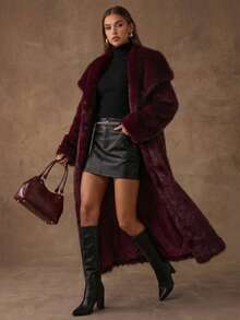 SHEIN BAE 女士优雅长款仿毛领大衣，秋冬 - 酒紅色 - 查看 8