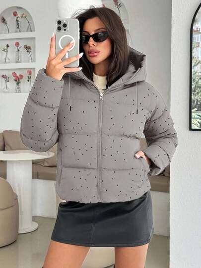 EURMUSE Padded Winter Coat With Rhinestone, Sophisticated Elegant Black Dot Details, Modern Full-Zip Front Closure, Professional Hooded Design, Luxury Quality Cropped Length, Fashionable Quilted Pattern