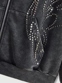 ROMWE EDITION Y3K Punk Symbol Studded Washed Open Front Sweatshirt - Black - View 5