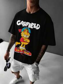 GARFIELD | SHEIN 男士卡通字母印花圆领短袖 T 恤，夏季