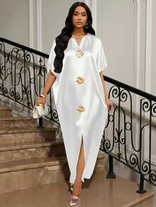 SHEIN Lady 四季皆宜的节日礼服/婚礼宾客/礼服/舞会礼服/金色/晚宴礼服/金色女士缎面提花前开衩连衣裙，休闲派对优雅 - 白色 - 查看 6