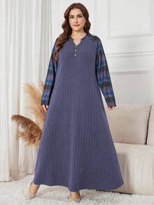 Lacomfia Váy kẻ caro thường ngày thanh lịch cỡ lớn - Màu tím - Xem 3