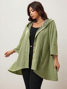 Enliva Große Größen Kapuzen-Knopfbluse, gestreiftes Muster, kompatibel mit Apple-förmiger Körperform, Valentinstag, Liebe, Geschenk, Romantik, Frohes Neues Jahr/2026 - Grün - Übersicht 3