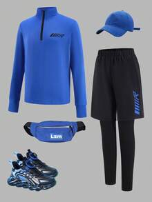 SHEIN طقم ملابس رياضية مريحة للأولاد/المراهقين الصغار، تتكون من بلوزة بياقة عالية نصف سحاب وأكمام طويلة وبنطلون، قطعتان - الأزرق - مشاهدة 3