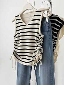 Franclia 女士V领简约褶裥条纹通勤上衣 - 白色 - 查看 3