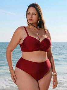 Swim Lushoire Bộ bikini hai mảnh màu đỏ rượu vang trơn dành cho nữ cỡ lớn, thời trang đi nghỉ mát, mặc hàng ngày, kiểu dáng thường ngày, có gọng nâng ngực và dây đeo điều chỉnh được, cạp cao, kiểu tam giác. - Màu Đỏ Sâu - Xem 4