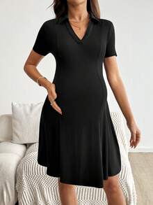 SHEIN Women's Black Maternity Dress,Summer Casual Short Sleeve Ribbed Knit Pregnancy Clothing, Photoshoot Bump Friendly Tummy Flattering Nursing Dress - Black - View 6