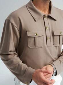 Airaco Men's Casual Solid Color Long Sleeve Pocket Design Polo Shirt - Mocha Brown - View 5
