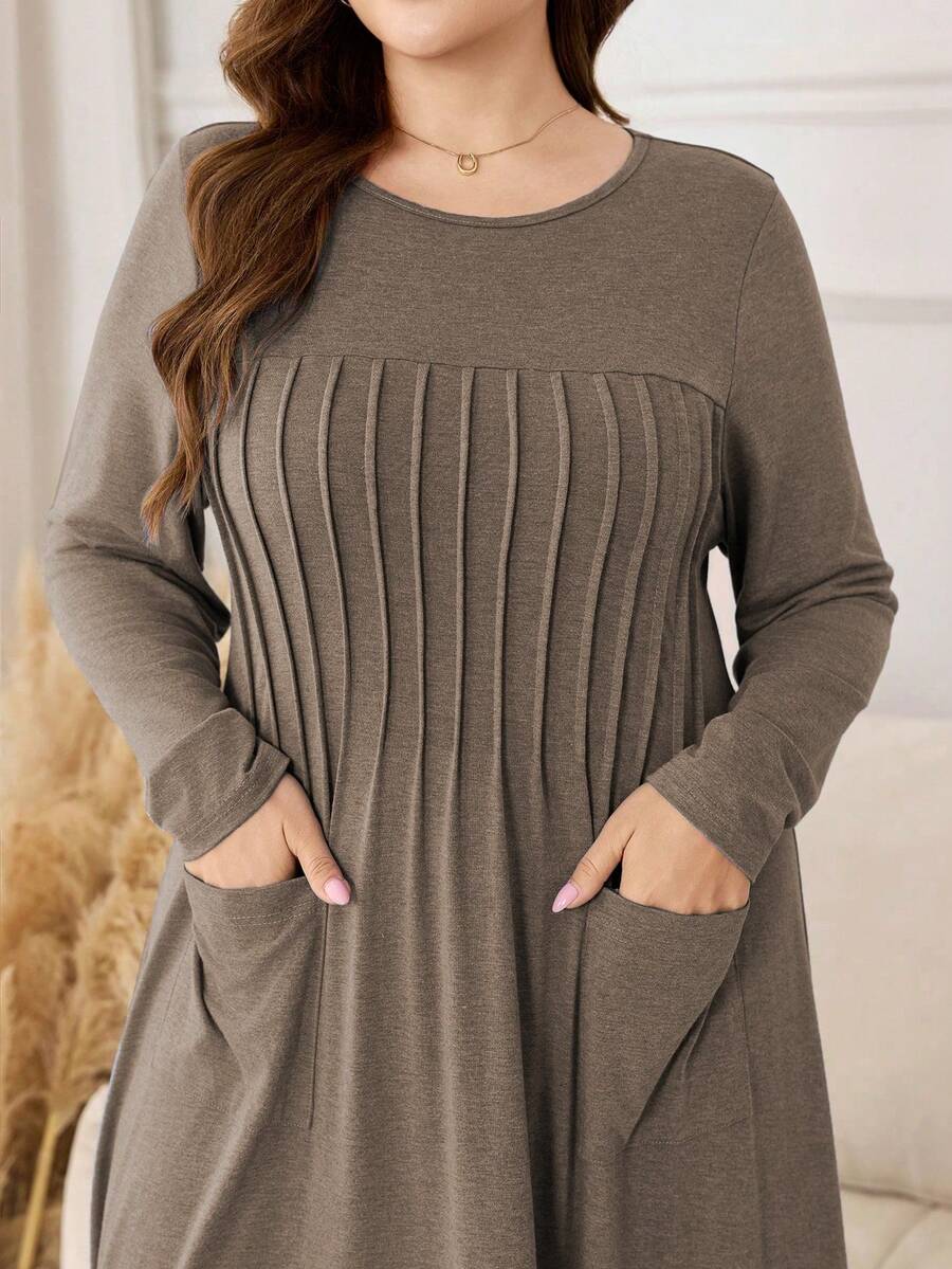 Lacomfia 针织弹力朦胧蓝长袖褶裥口袋简约休闲宽松柔软大码女式连衣裙 - 棕色 - 查看 1