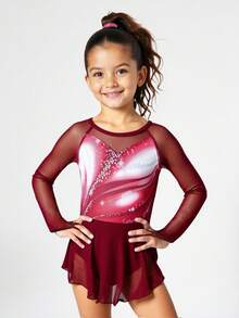 Young Girls Burgundy Long Sleeve Round Neck Figure Skating Dress High Elasticity Printed Snug Fit Comfortable Shaping Sportswear, Suitable For All Seasons