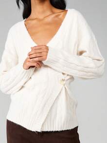 MISSGUIDED Cárdigan de punto de cable de talle largo con detalle de botón frontal envolvente, suéter acogedor y oversize para otoño e invierno - Beis - Ver 4