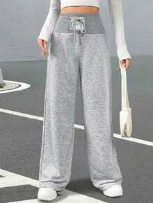 SHEIN EZwear 夏季字母拼接阔腿灰色抽绳腰运动裤 - 灰色 - 查看 4