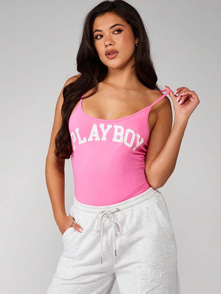 Missguided x Playboy Vibrant Scoop Neck Sleeveless Bodysuit With Letter Print Fitted Summer Casual One Piece Top