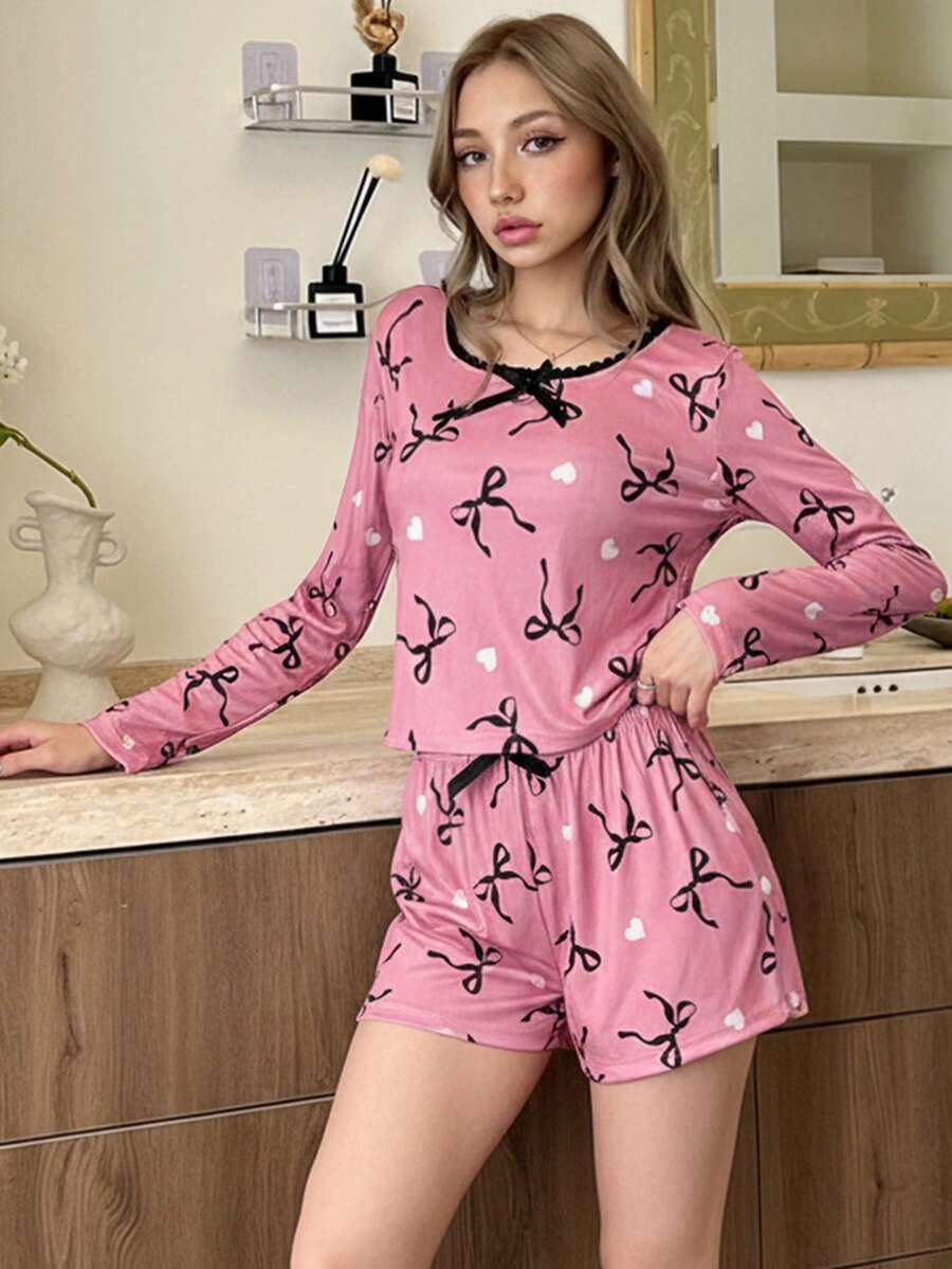 Softscene 蝴蝶结印花长袖上衣和短裤睡衣套装,冬季服装 - 粉色 - 查看 1