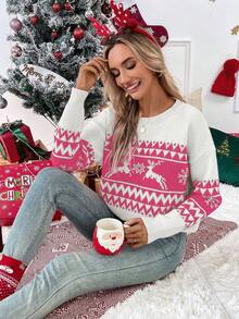 EMERY ROSE Women's Casual Christmas Reindeer Pattern Drop Shoulder Sweater, Autumn/Winter - Multicolor - View 3