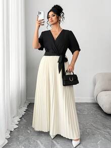 Elenzga Plus Size V-Neck Bow Tie Waist Colorblock Pleated Maxi Skirt Set Plus Elegant Dress Pleated Skirt Set Long Skirt 2 Piece Maxi Dress Elegant Pleated Dresses For Women - Black and White - View 3