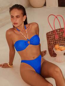 SHEIN Swim Women's Solid Color Bikini Set With Faux Pearl Decoration, Halter Neck Strap And Sexy Cut, Suitable For Vacation,Summer Beach - Royal Blue - View 6