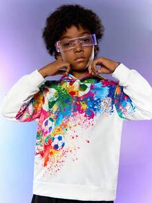 SHEIN Fantacosmos 青少年男孩休闲街头涂鸦足球印花连帽衫