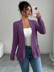 EMERY ROSE جاكيت قصيرة كاجوال للنساء بجيوب جانبية، مفتوحة الأمام، مصنوعة من قماش مخرم ناعم الملمس، خفيفة الوزن - ارجواني بنفسجي - مشاهدة 1