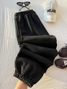 Comfortcana 加大碼實色彈性腰黑色運動長褲