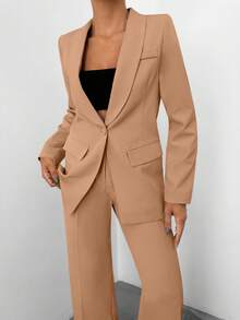 EURMUSE Women's Solid Color Shawl Collar Long Sleeve Jacket And Pants Casual Commuter Suit Set - Krem - View 3