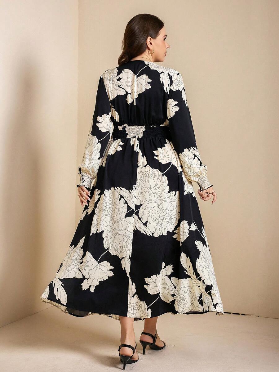 Comfylo 大码优雅印花重叠领A字连衣裙，秋季 - 黑色 - 查看 1