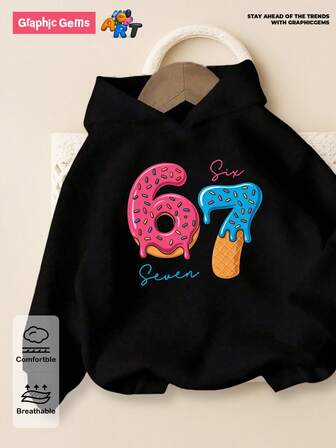 GraphicGems 少女秋冬舒适休闲时尚创意个性清新别致简约数字67彩色洒落图案字母标语印花舒适套头连帽衫，适合秋冬季穿着。