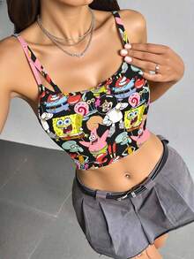 SpongeBob SquarePants | SHEIN Top corto sin mangas de ajuste ceñido negro, cómodo y casual de verano con patrón divertido de dibujos animados de Patrick, Squidward, Sr. Krabs, Sandy, Gary, Plankton para mujeres - Blanco - Ver 4