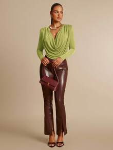 Silquee Olive Green Plunging Neckline Elegant Shoulder Pad Ruched Long Sleeve Bodysuit, Suitable For Dates, Outings, Weddings And Parties - Olive Green - View 5