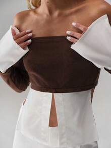 SHEIN Unity Off Shoulder Contrast Color Blazer Flare Sleeve Women Top Fall Cloth For Women - Black - View 6