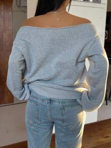 SHEIN EZwear Áo nỉ dài tay mỏng hở vai in họa tiết New York cho nữ, áo dài tay - Màu Xám nhạt - Xem 2