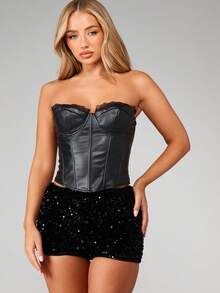 MISSGUIDED High Waist Sequined Party Shorts With Elastic Waistband For Evening Events And Special Occasions - Black - View 5