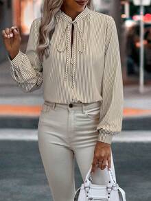 EMERY ROSE 女士休闲通勤条纹打结领衬衫，秋季款 - 彩色 - 查看 4