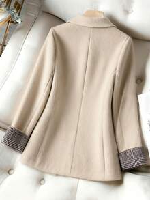 Franclia Women's Fashionable Casual Commuting Slim-Fit Elegant Woolen Suit Jacket, Women's Casual Commuting Suit Jacket With Plaid Color-Blocked Cuffs, Women's Apricot Suit Jacket, Professional Suit Jacket, Winter Suit Jacket.