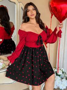 Vionelle 春秋/秋冬新款优雅度假设计文胸罩杯系带蝴蝶结心形印花灯笼袖长袖连衣裙收腰A字短款浪漫连衣裙 - 彩色 - 查看 4