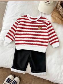 LMoss Kids 男婴条纹圆领卫衣长裤两件套，保暖加厚，秋冬季 - 紅色 - 查看 6