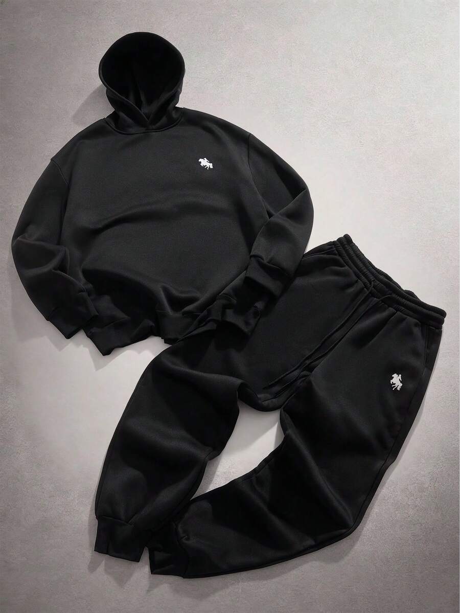StoneGrade Classic Black & White Horse Icon Hoodie Set, Loose Casual Black Hoodie & Sweatpants Sportswear Set Men 2 Pieces Set Black, Fall Clothes - Black - View 1