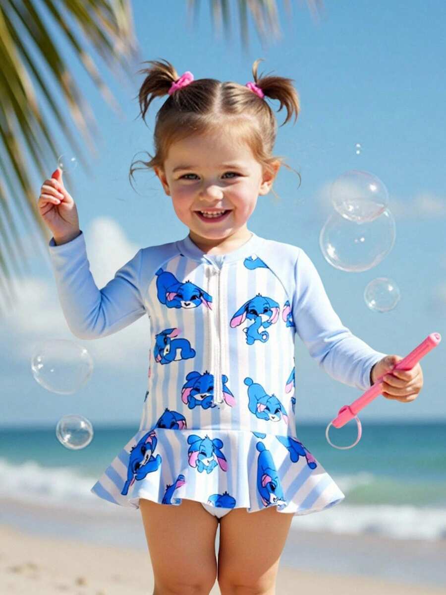 SHEIN 女婴连体防晒泳衣，外星狗印花长袖拉链泳衣，可爱荷叶边装饰 女婴长袖泳衣 女婴防晒泳衣 女婴防晒泳衣 女婴防晒泳衣 儿童泳装 - 藍色 - 查看 1