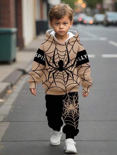 男童秋季新款蜘蛛图案休闲简约可爱卡通宽松长袖连帽衫两件套，适合秋冬季穿着