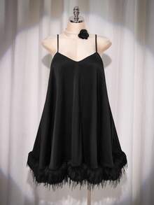 SHEIN ICON Váy ngắn satin chắp vá cỡ lớn cho nữ, dự tiệc - màu đen - Xem 3