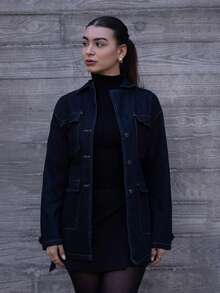 Andrea Bello Höst & Vinter Dam Svart Blå Jeansjacka Jul Nyår Fest Damkappa Svart Blå Kappa Helg Nyår Lös Kappa Långärmad Kappa Nyårsafton Nyår Julfest Dam Denim Helg Dam Helg Jul Y2k Lös Krage Retro Festkläder Blå Tvättad Med Fickor Gatustil Bälte Elegant Vardagskläder Casual Jeansjacka - Marinblå - Visa 4