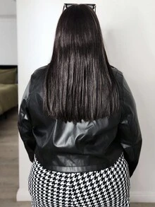 Truni 大码黑色仿皮机车夹克，适合冬季 - 黑色 - 查看 2