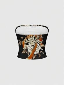 ROMWE Avant Tiger Graphic Sexy New Chinese Style Street Music Festival Crop Top For Women - Black - View 2
