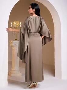 Veilorie Women's Elegant Solid Color Arabic Style Dress, Party Wear Dress Modest Dress With Cape - Army Green - View 3