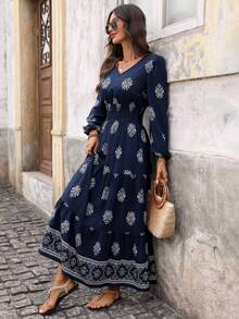 EMERY ROSE 女士休闲碎花长袖连衣裙，适合秋冬季日常穿着 - 藏蓝色 - 查看 7